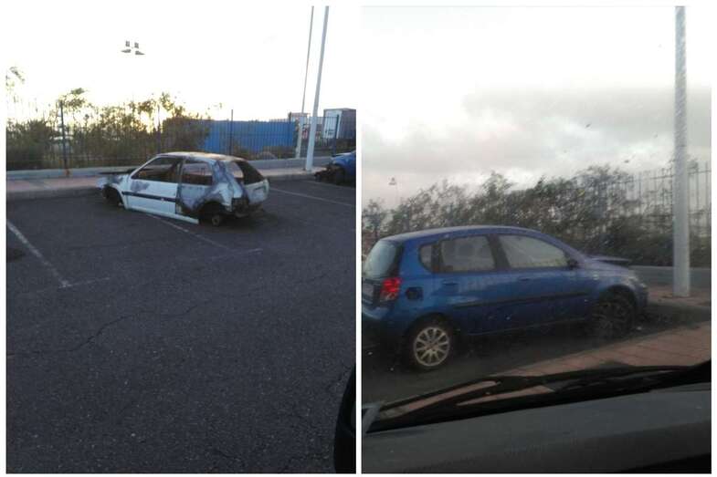 Estado de los dos vehículos, uno calcinado y otro que están siendo desguazado poco a poco (Foto TA)